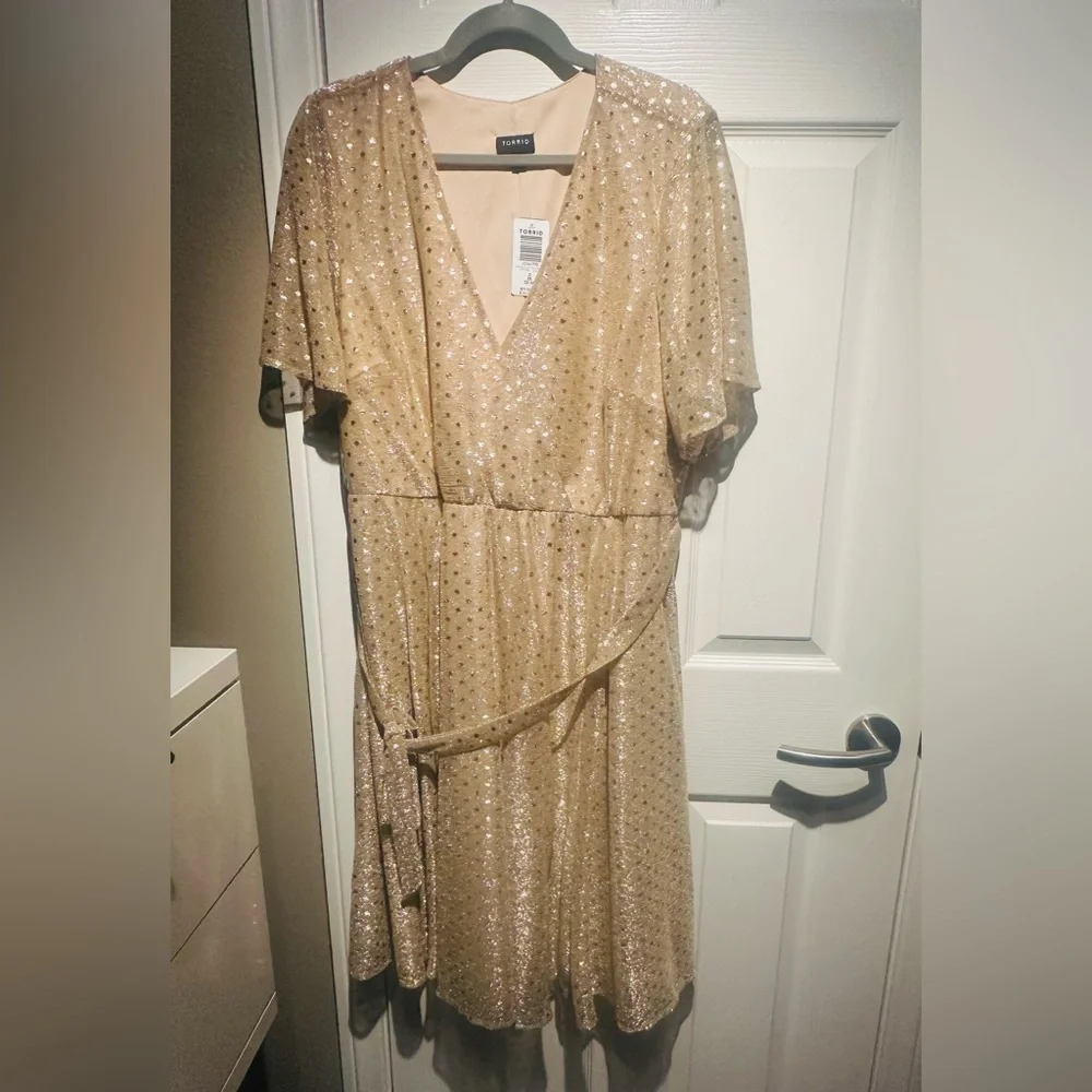 Gold Sequin Polka Dot Mesh Wrap Dress - Picture 3 of 4